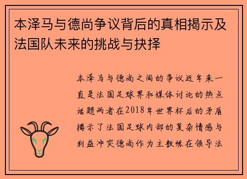 本泽马与德尚争议背后的真相揭示及法国队未来的挑战与抉择