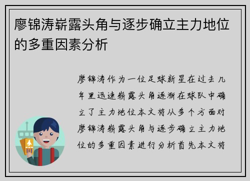 廖锦涛崭露头角与逐步确立主力地位的多重因素分析
