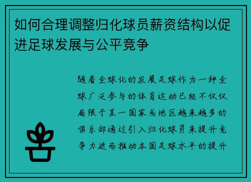 如何合理调整归化球员薪资结构以促进足球发展与公平竞争