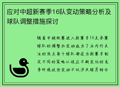 应对中超新赛季16队变动策略分析及球队调整措施探讨